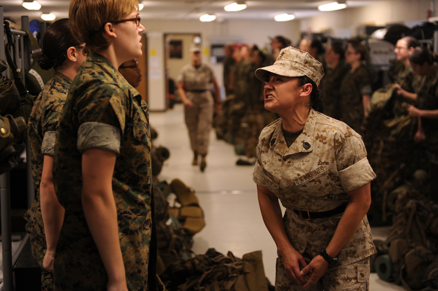 pickup-female-si-scream At pickup, a female sergeant instructor screams at a female candidate